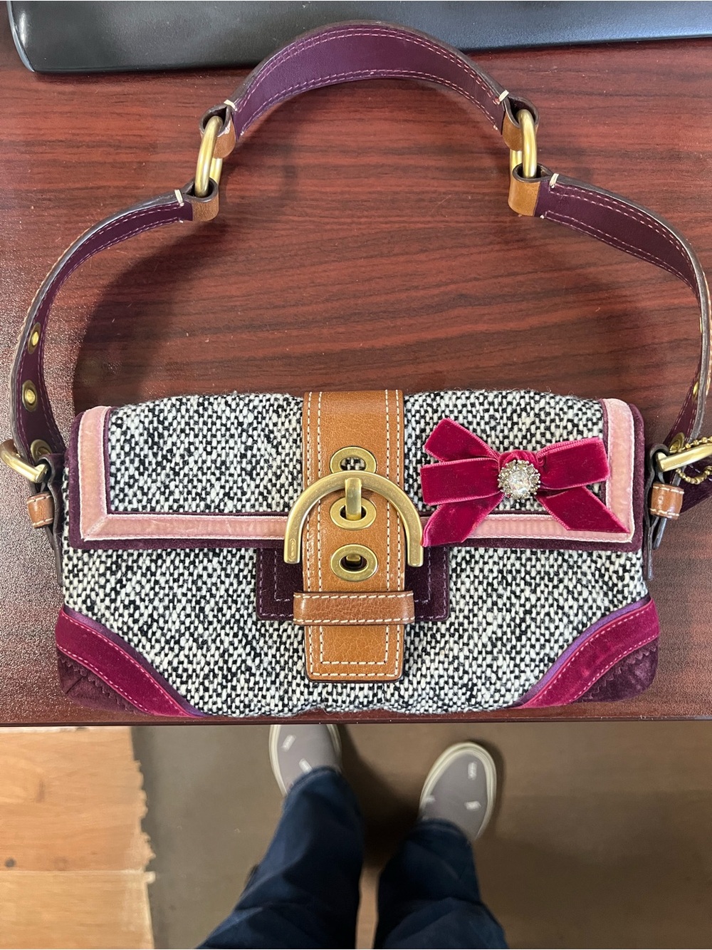 Coach Tweed & Velvet Shoulder Bag - Burgundy ribbon and jewel Accent